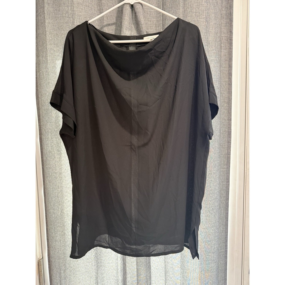 Pleione Womens Size L Chiffon Draped Neckline Short Sleeve Blouse Sheer Detail